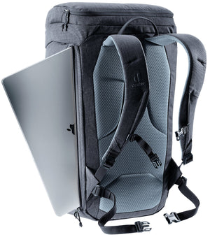 Laptop sliding out of the side-access compartment on the Deuter Walker 24