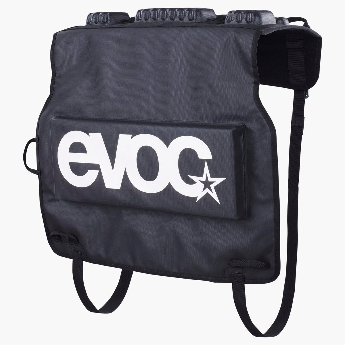 Black EVOC Tailgate Pad Duo, front view with white EVOC logo, fork blocks along the top and hanging straps