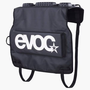Black EVOC Tailgate Pad Duo, front view with white EVOC logo, fork blocks along the top and hanging straps