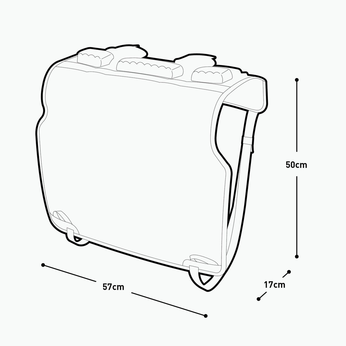 Line drawing of the EVOC Tailgate Pad Duo with dimensions 57 cm wide, 50 cm high and 17 cm deep