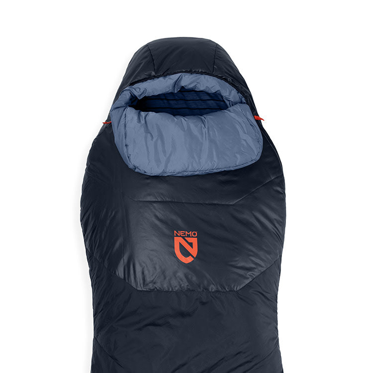 Nemo Tempo men's sleeping bag in Stormy Night navy with Blue Horizon hood lining, top view