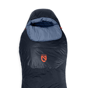 Nemo Tempo men's sleeping bag in Stormy Night navy with Blue Horizon hood lining, top view