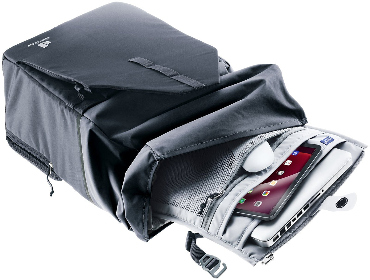 Deuter Xberg 25 roll-top open showing the removable organiser with phone and cables