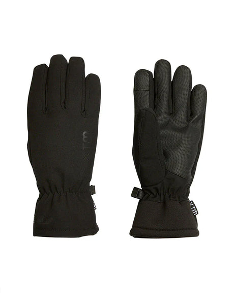Pair of black XTM Tease kids softshell gloves showing the back and the grippy textured palm