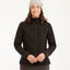 Woman wearing the XTM Aura women's softshell jacket in Black, zipped up, front view with grey beanie